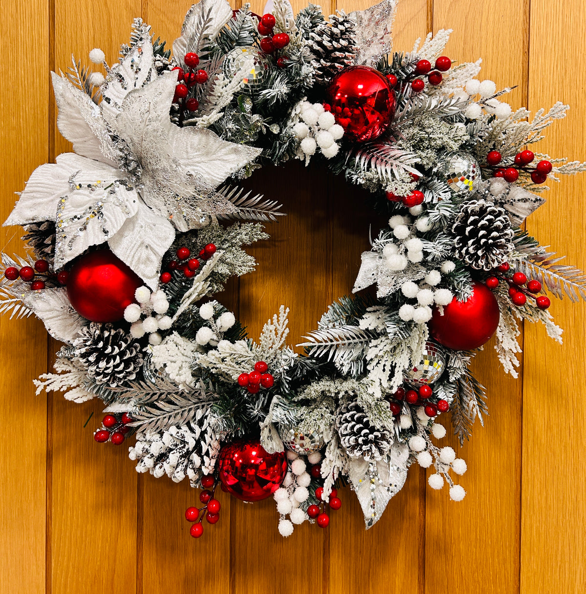 Red, silver and white Christmas wreath 60cm