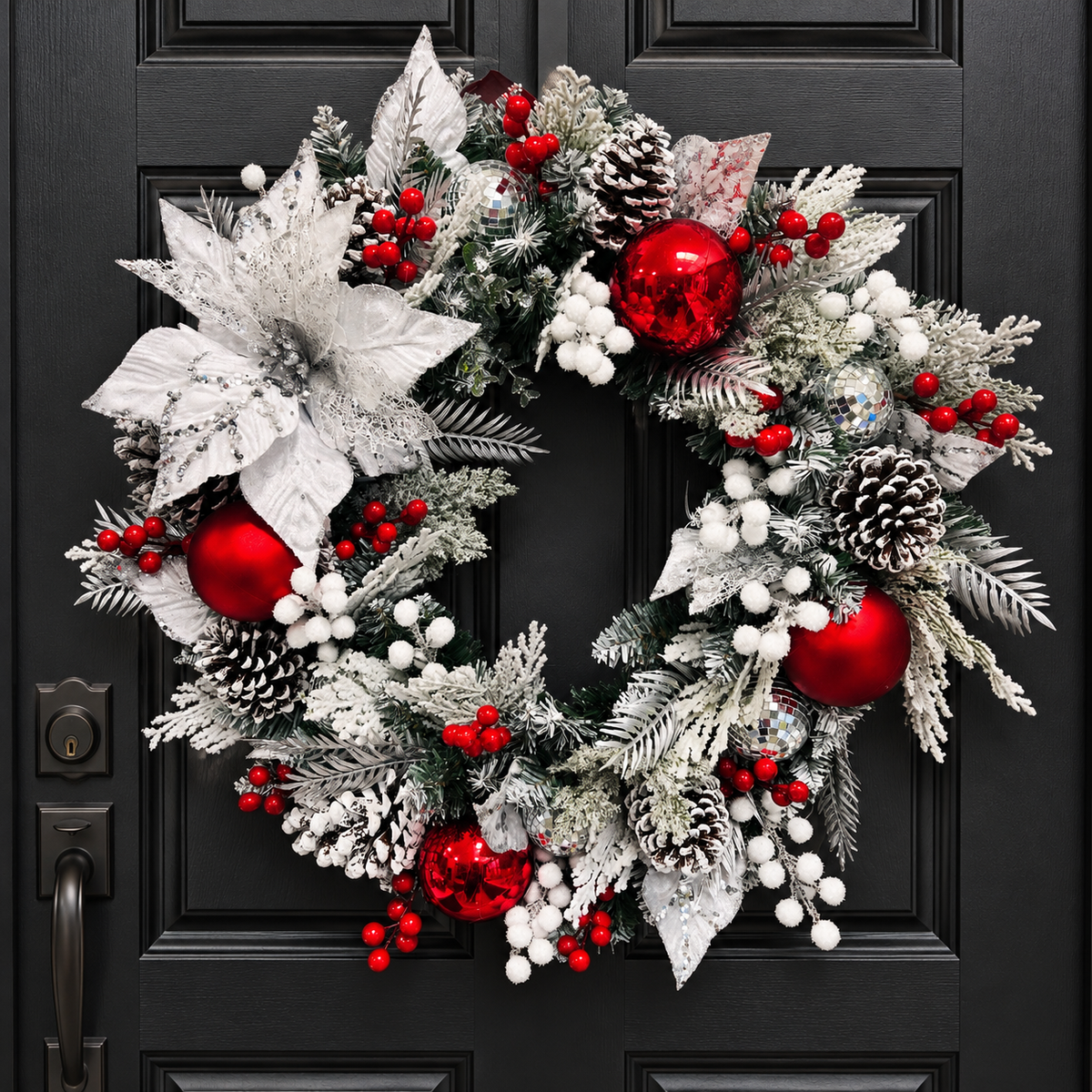 Red, silver and white Christmas wreath 60cm