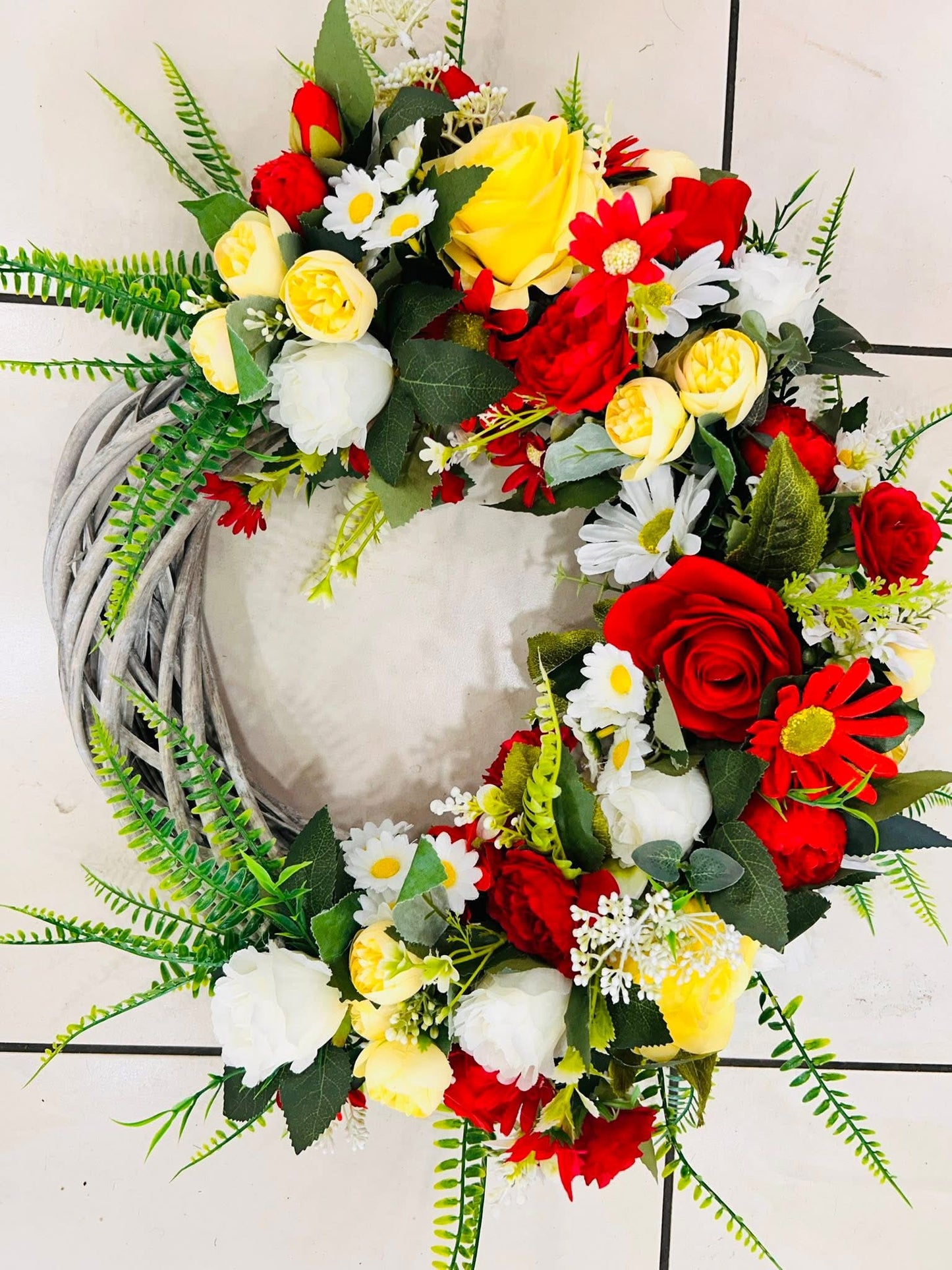 Vibrant Artificial Floral Wreath – Red, Yellow & White Mix