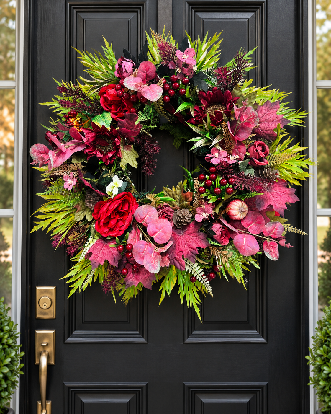 Burgundy, red and pink autumn floral wreath displayed on a black front door